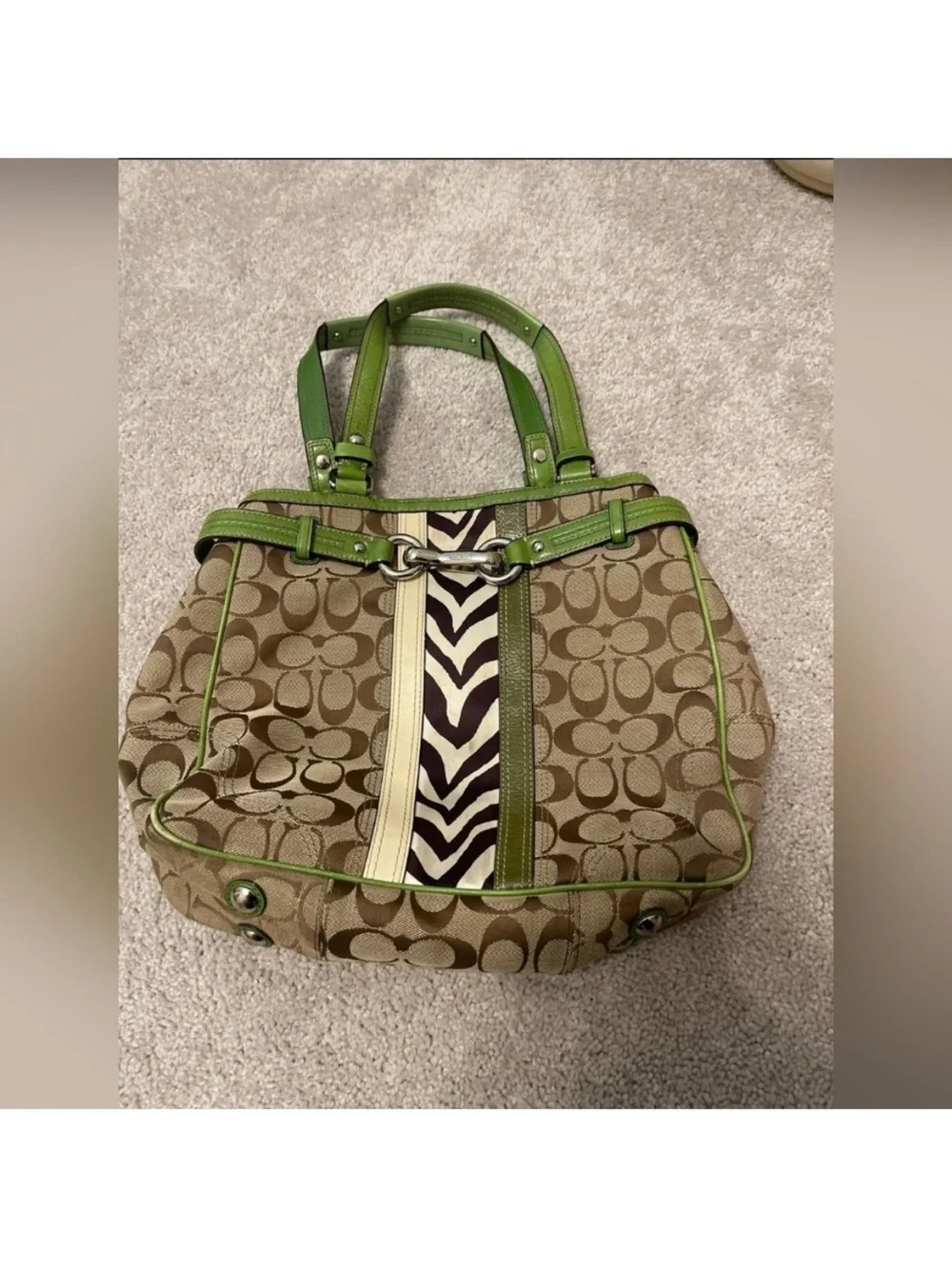 Coach Beige Signature Canvas Tote with Green Trim and Zebra Stripe